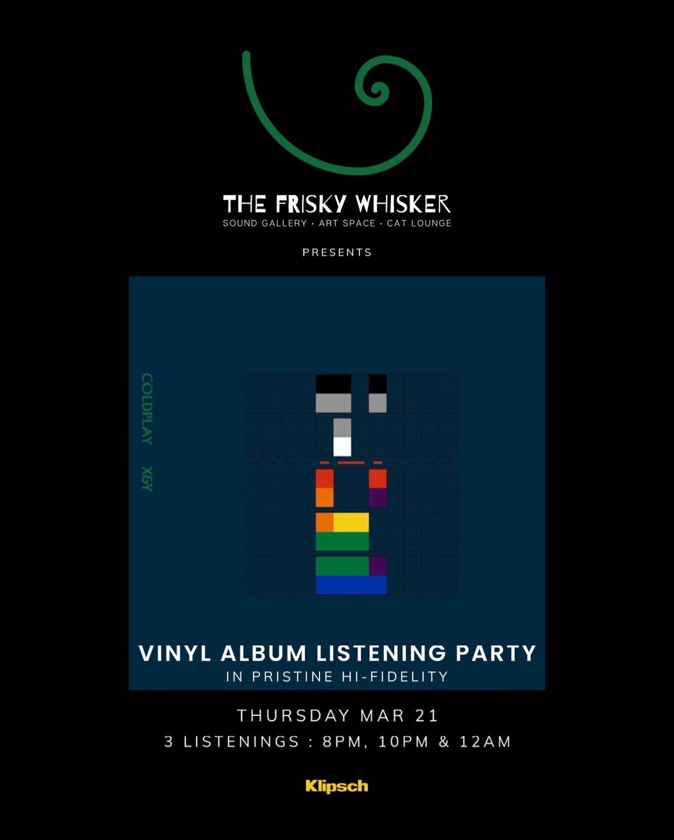 Thursday night we have @coldplay&rsquo;s 2nd studio album, X&amp;Y for our Vinyl Album Vinyl Listening Party. 

Experience this classic album like never before, in pristine Hi-Fidelity on our Klipschorn Speakers. 

3 Listenings  8pm, 10pm &amp; midni