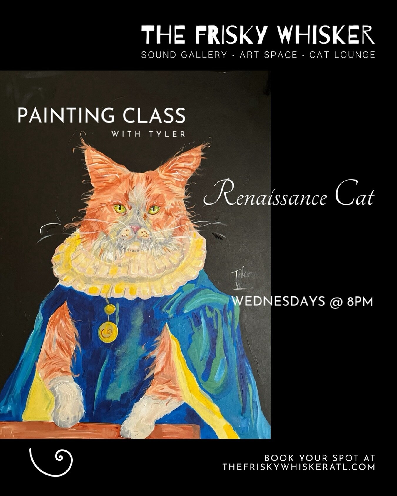 Our new design for our next 4 painting classes is here!

&ldquo;Renaissance Cat&rdquo;

Book your spots before they sell out 🖌️

Next 4 Wednesdays at 8pm

Class includes a drink and Whisker Lounge Entrance 😼

Booking link in our bio 🔗 

#paint #ar