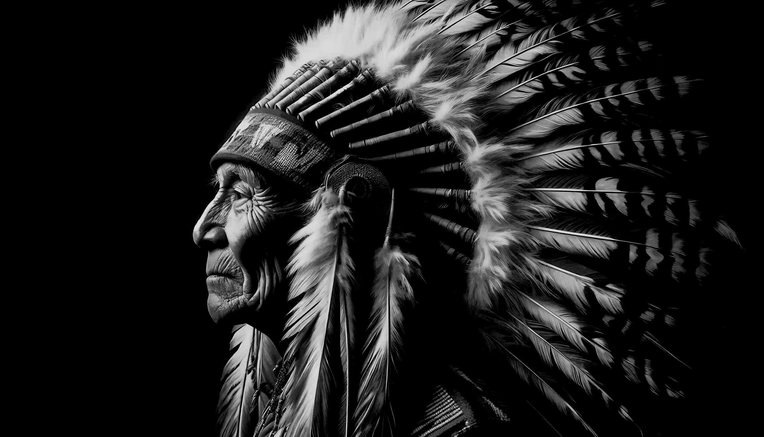 Black and white photo of a person wearing a traditional Native American feathered headdress, shown in profile with a thoughtful expression.