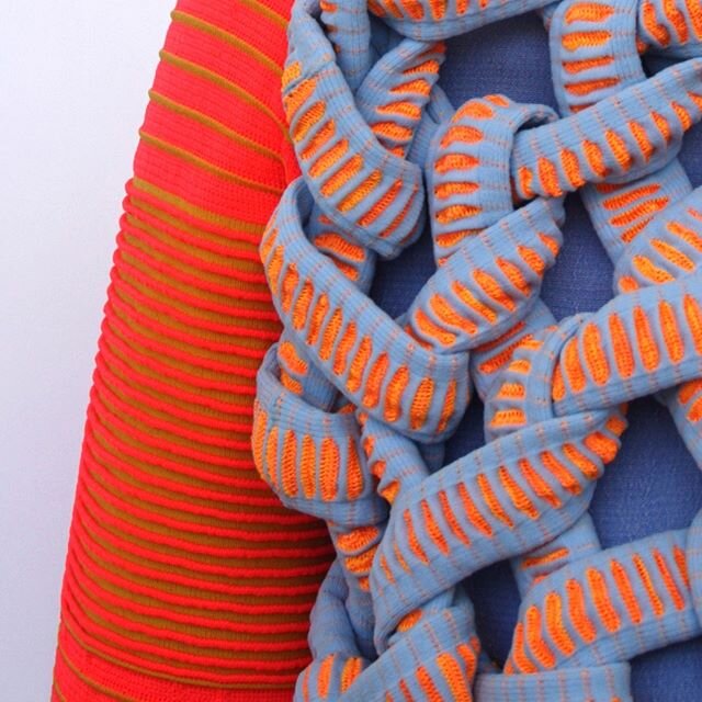 Looks tech doesn't it? Simple welts and striped colours.

This is an amazing example of how far you can take a simple technique combined with interesting yarns and colours.  #KarolineHermansen 's work is outstanding.  The beauty of being a student is