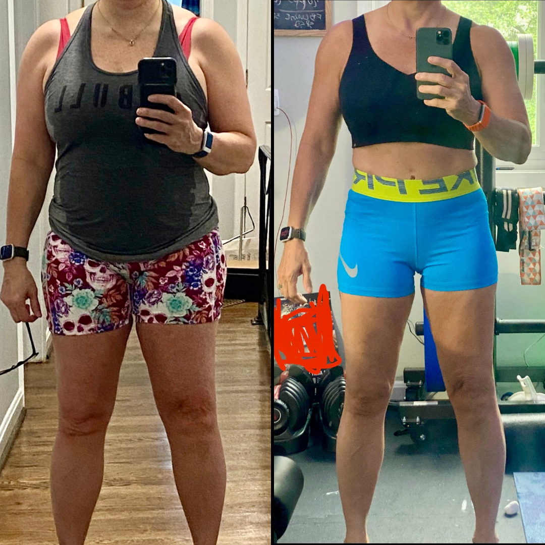 Side-by-side mirror selfies of a woman showing her fitness transformation. The left photo shows her wearing a gray tank top and colorful shorts, while the right photo shows her in a black sports bra and blue workout shorts.