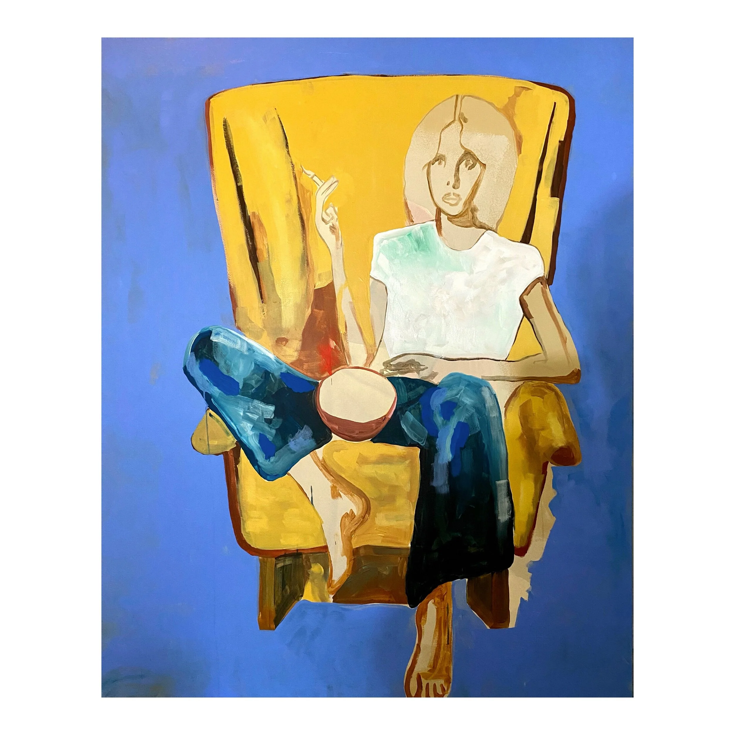 Abstract painting of a person sitting in a yellow armchair. The figure holds a circular object on their lap and is depicted with simplified features, wearing a white shirt and blue pants. The background is a solid blue.
