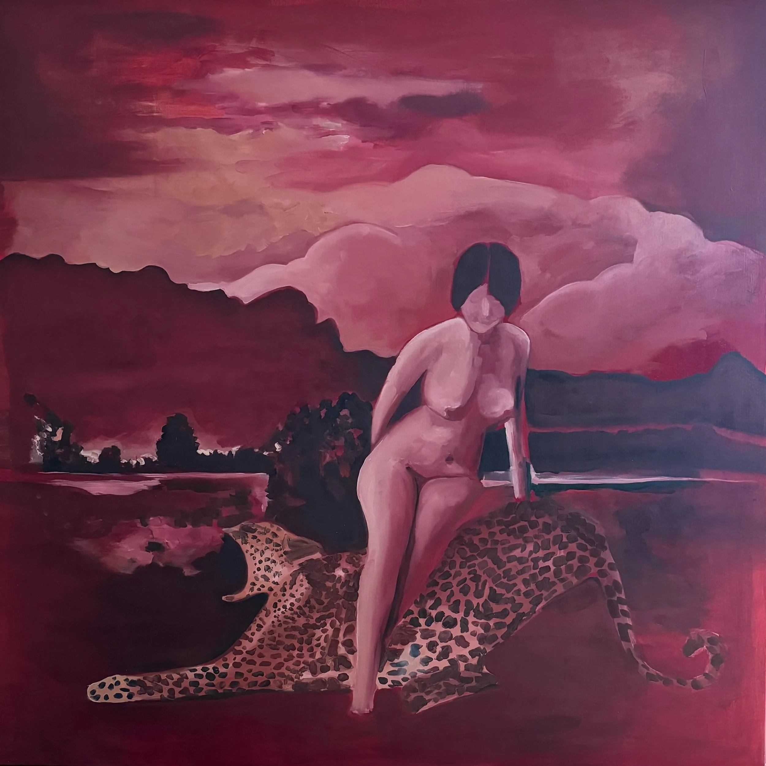 Artistic depiction of a nude person sitting on a spotted leopard against a red-toned landscape with clouds.