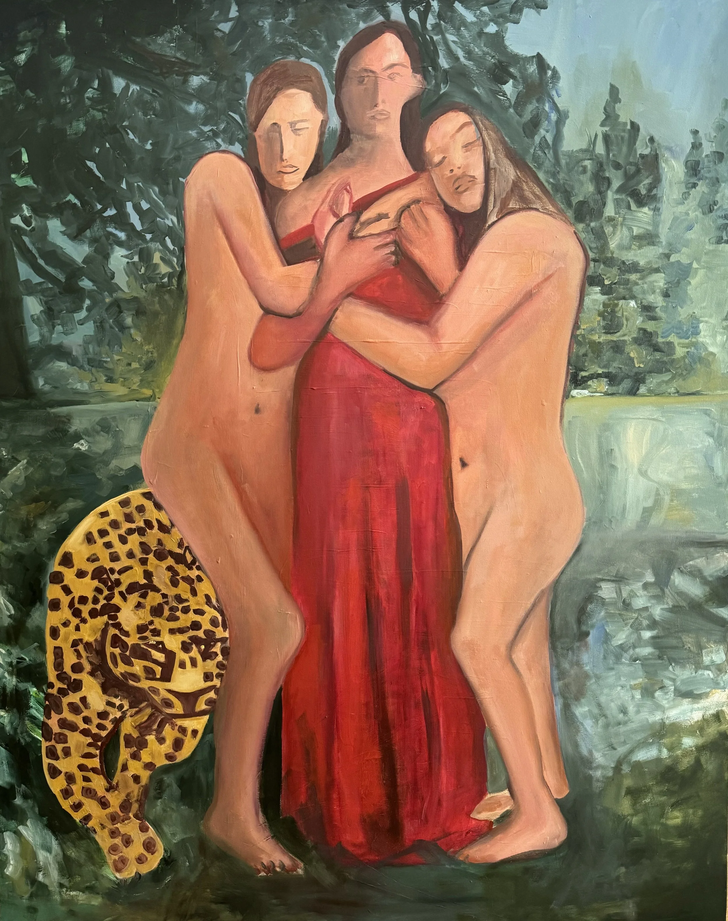 Painting of three abstract human figures embracing, with two nude and one in a red dress, set against a forest background. A stylized leopard appears on the left.