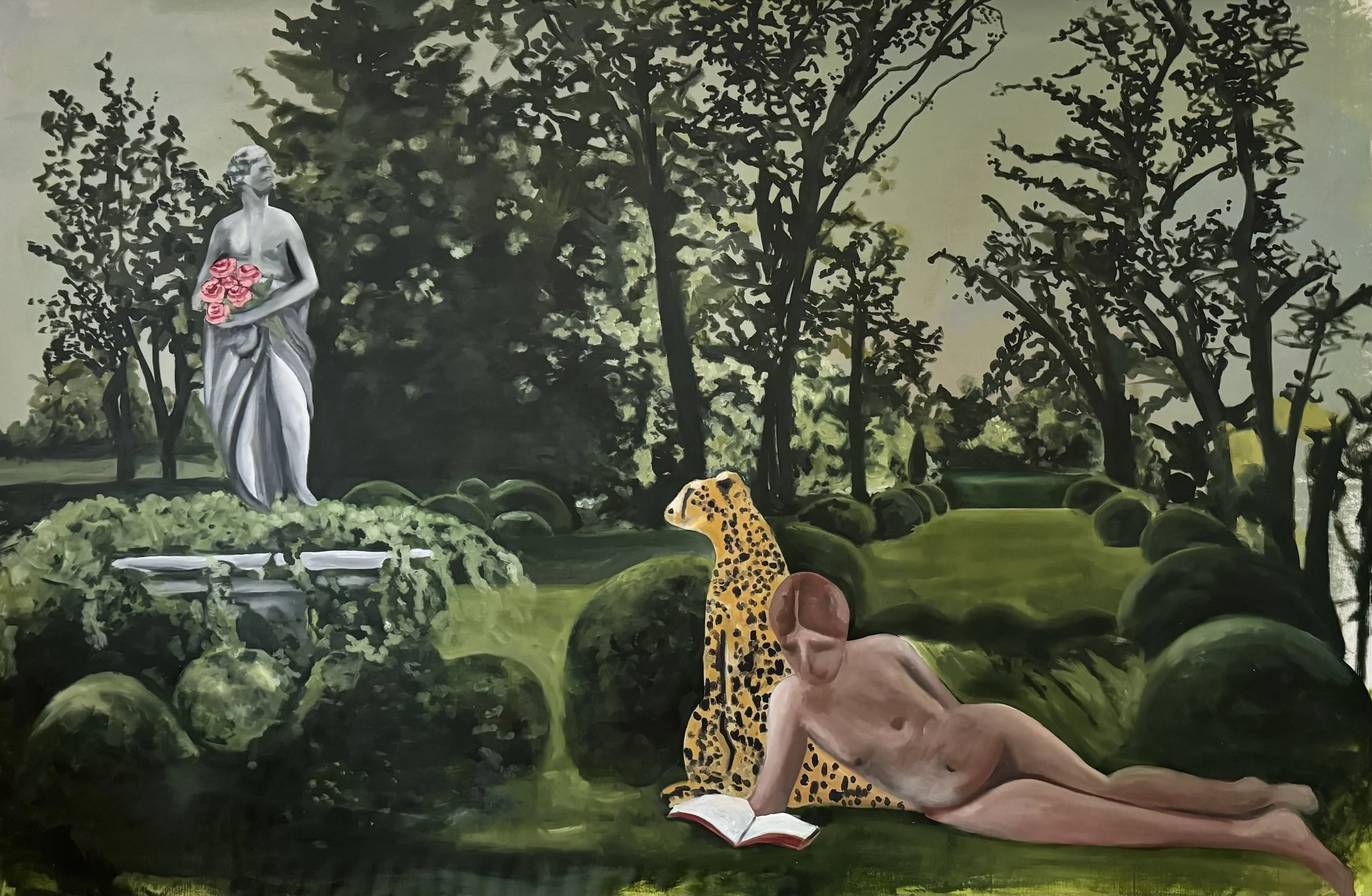 Painting of a garden scene with a statue holding roses, a cheetah, and a reclining nude figure reading a book on grass.