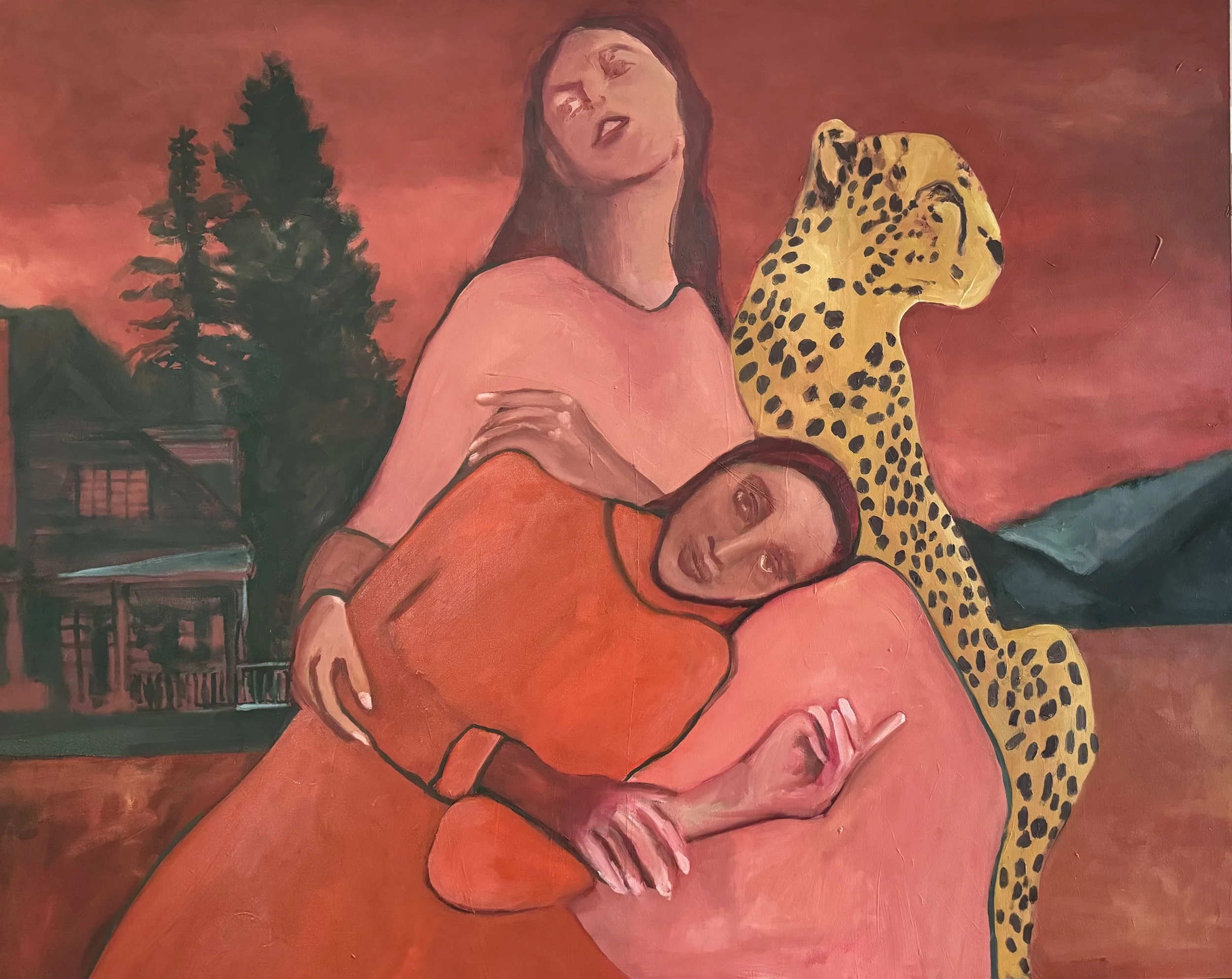 Artistic painting depicting two abstract figures embracing alongside a cheetah, set against a red-hued background with trees and a house.