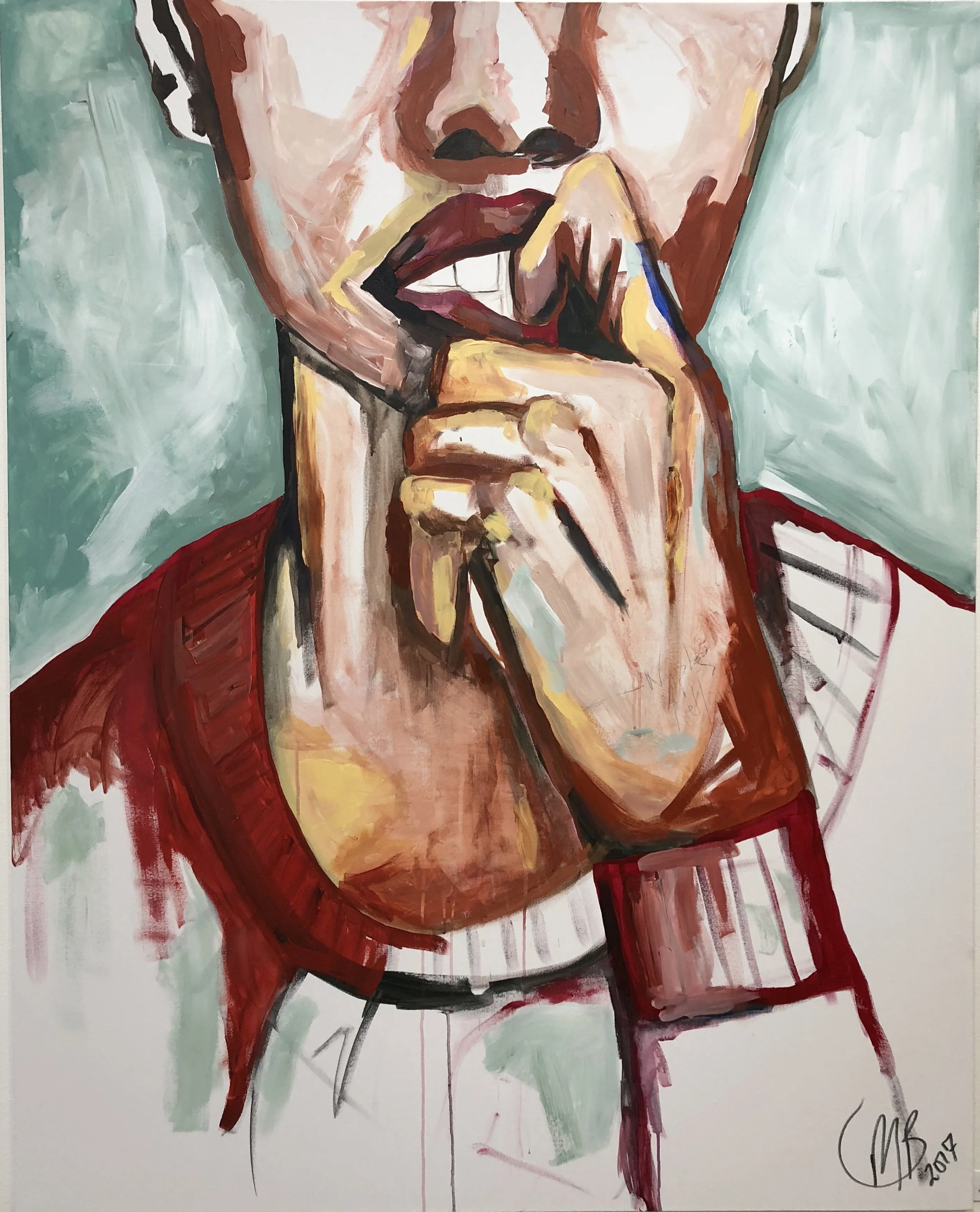 Abstract painting of a person with a hand near their mouth, wearing a red and white sweater.