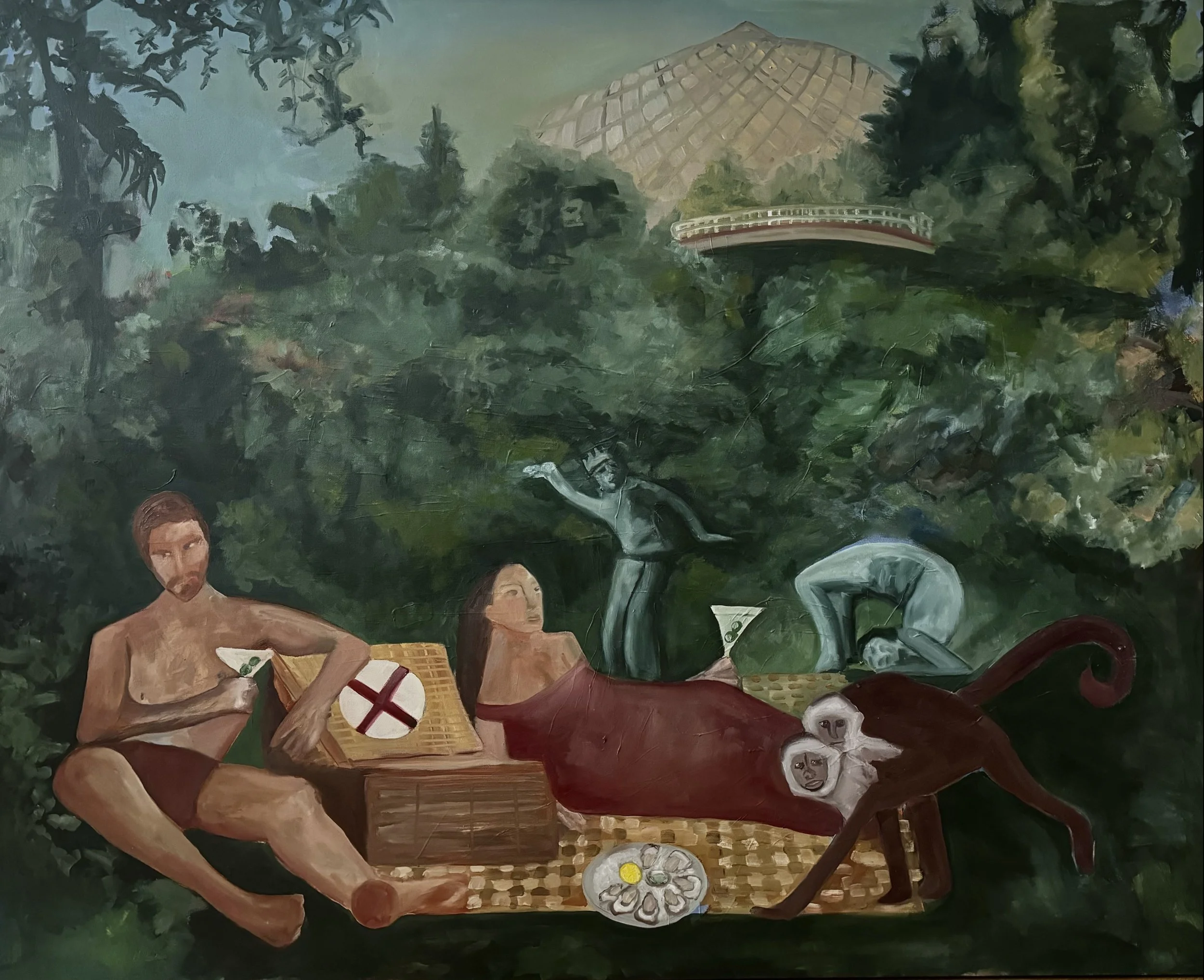 Oil painting depicting a surreal picnic scene with two figures, a man and a woman, lying on a checkered blanket. The man holds a martini glass and there is a basket with a red cross. Two ghostly figures are in the background performing dance-like pos