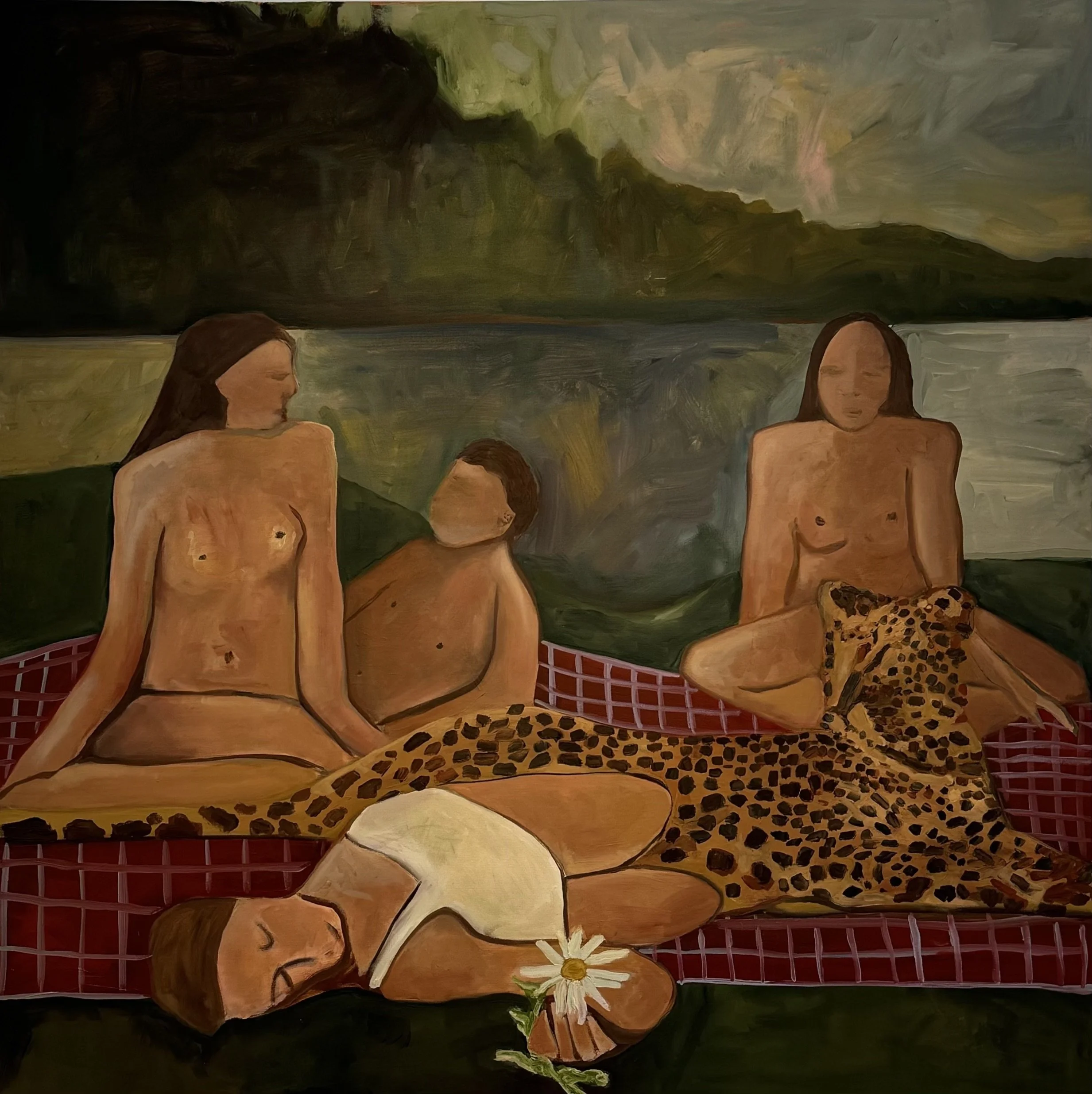 Abstract painting depicting four human figures, one lying down and holding a daisy, alongside a leopard on a red checkered blanket, set against a natural background near a body of water.