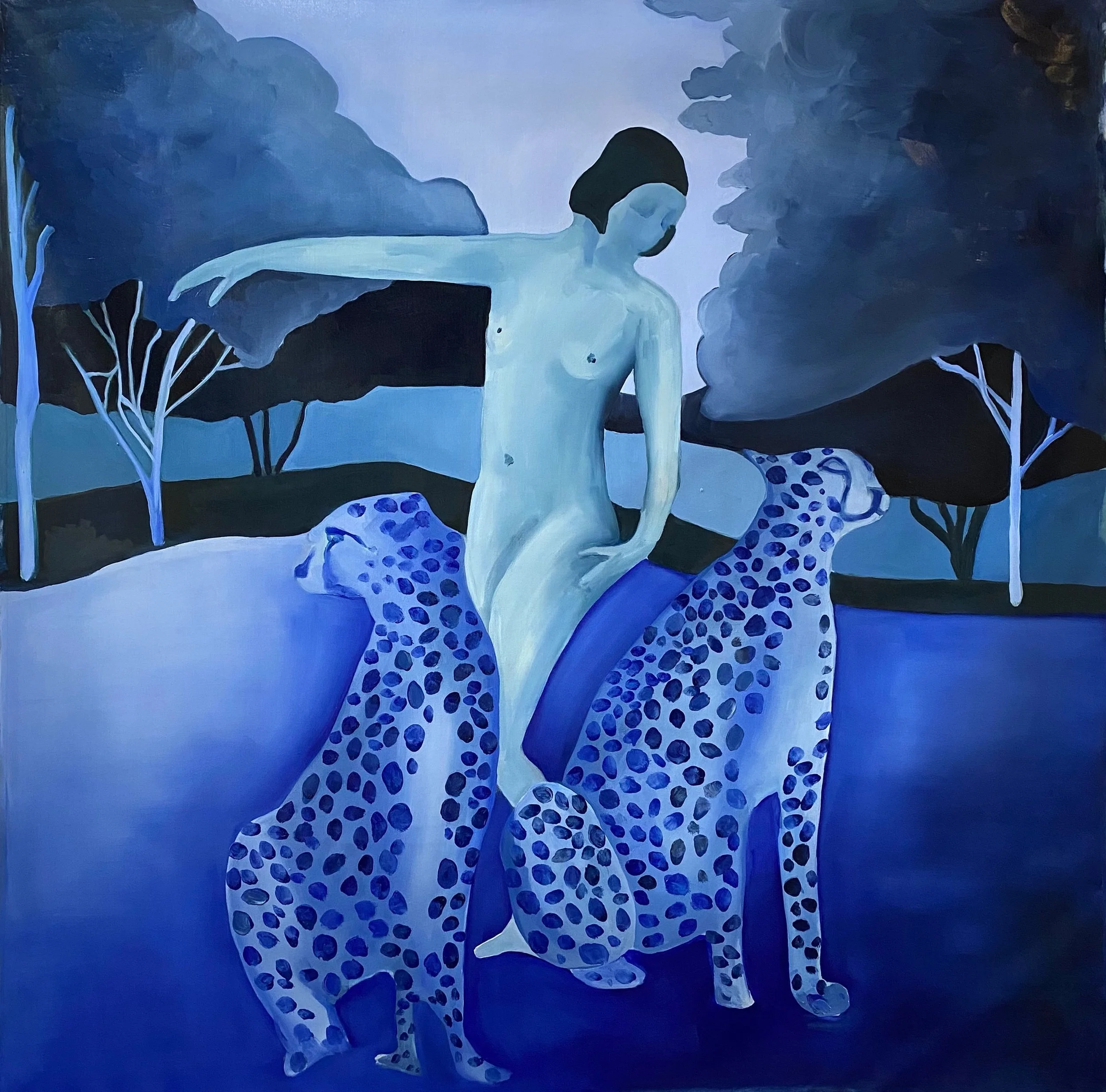 Surreal painting of a nude figure with two blue spotted cheetahs in a blue-toned landscape.