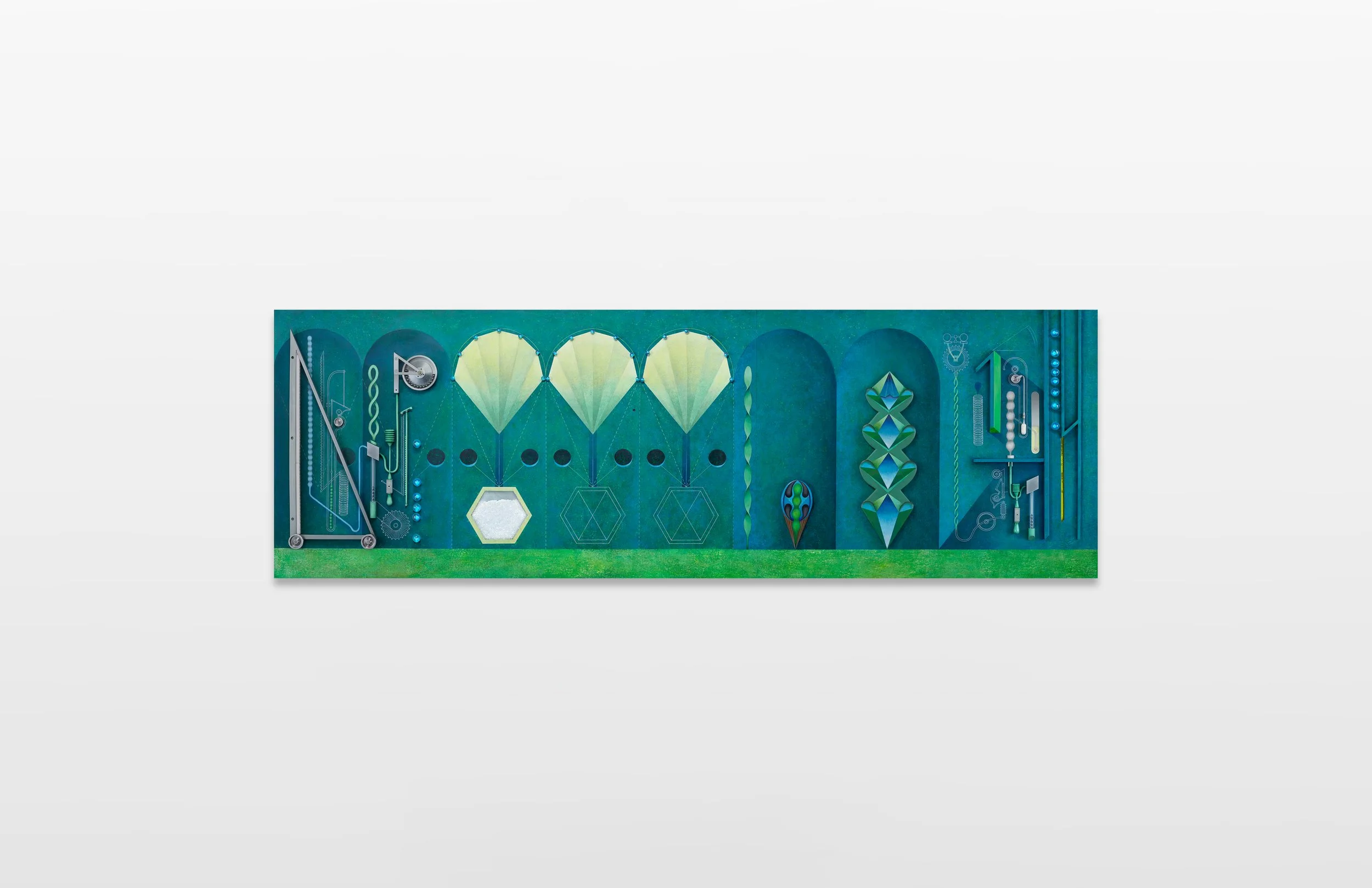 2.为空间测量所建的风景 I,李子勋, 2021. 丙烯 纸 纸板 铝板 不锈钢零件 木材 塑料 亚克力球, 60.5x185x6cm.jpg