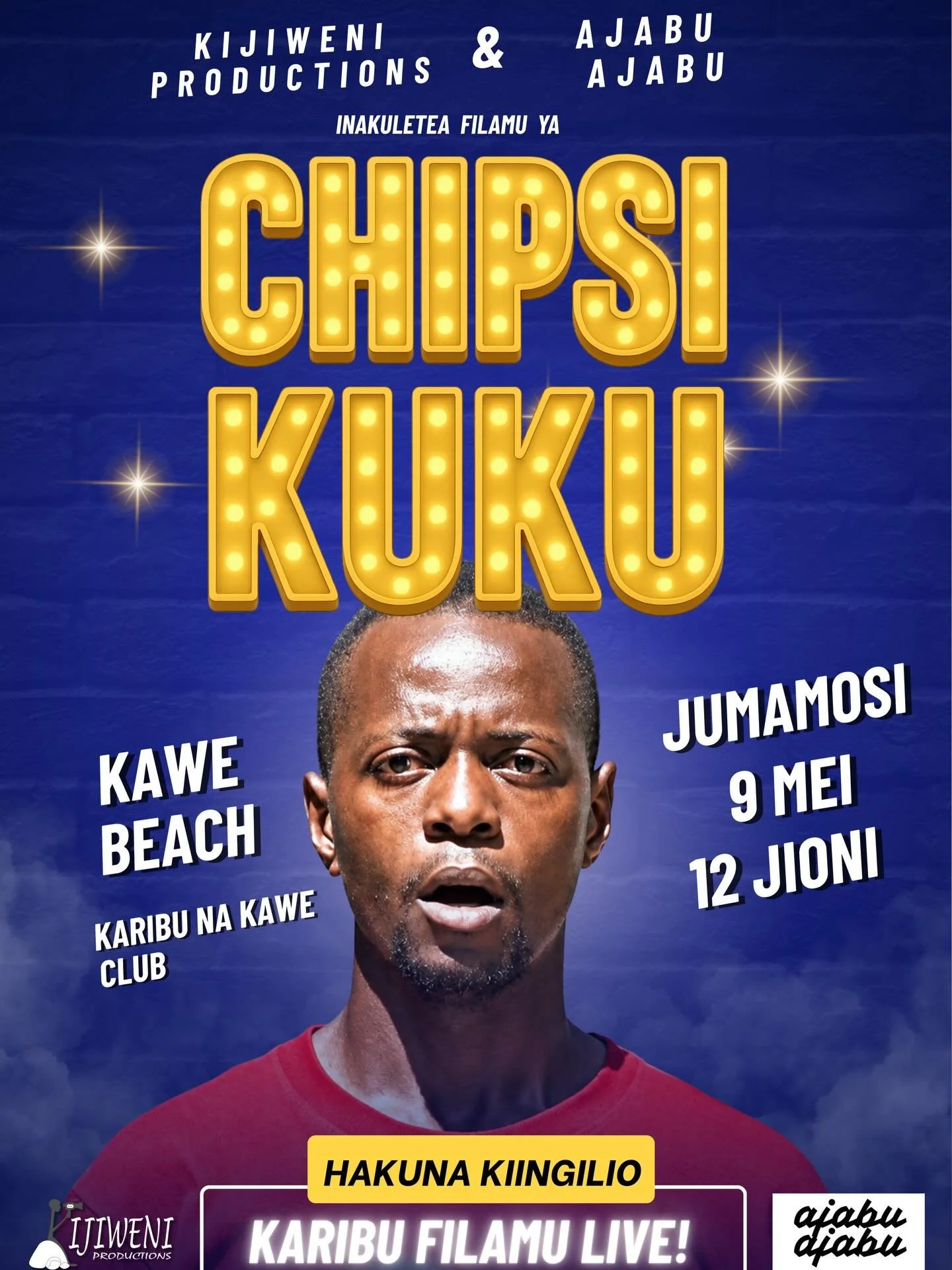 FILAMU LIVE! TUKUTANE JUMAMOSI HII.

Kijiweni Productions &amp; Ajabu Ajabu wanakuletea  filamu ya &ldquo;CHIPSI KUKU&rdquo; katika Filamu Live!, hii ni ya kipekee chini ya anga la wazi.

Njoo ufurahie filamu, msisimko wa ufukweni mwa bahari na kukut