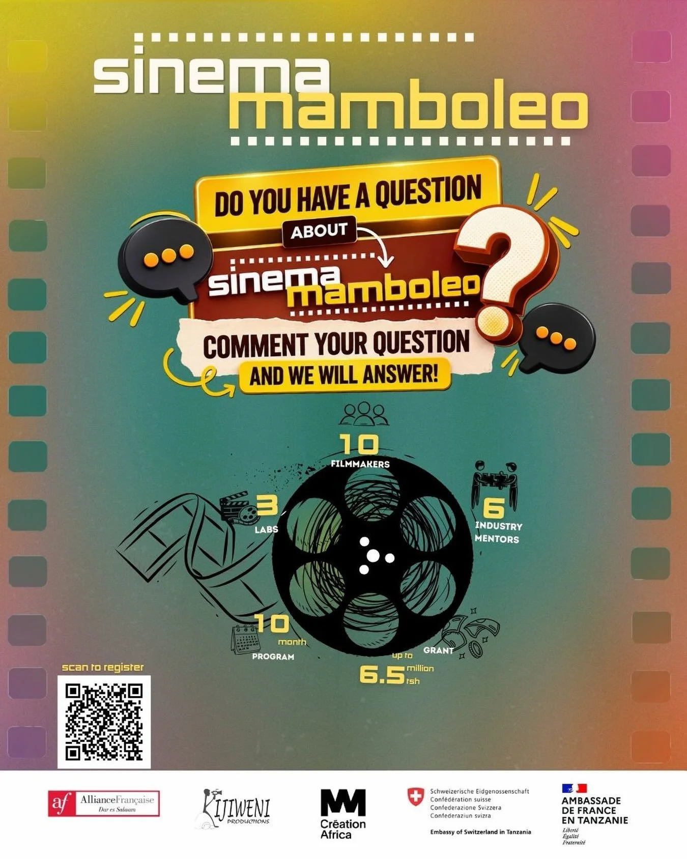 Kama una swali lolote kuhusu Sinema Mamboleo, tumeandaa muda maalum wa kujibu maswali yenu yote.Andika swali lako kwenye comment section, uliza chochote unachotaka kujua kuhusu programu, application process, eligibility, labs na mengineyo.

Scan QR c