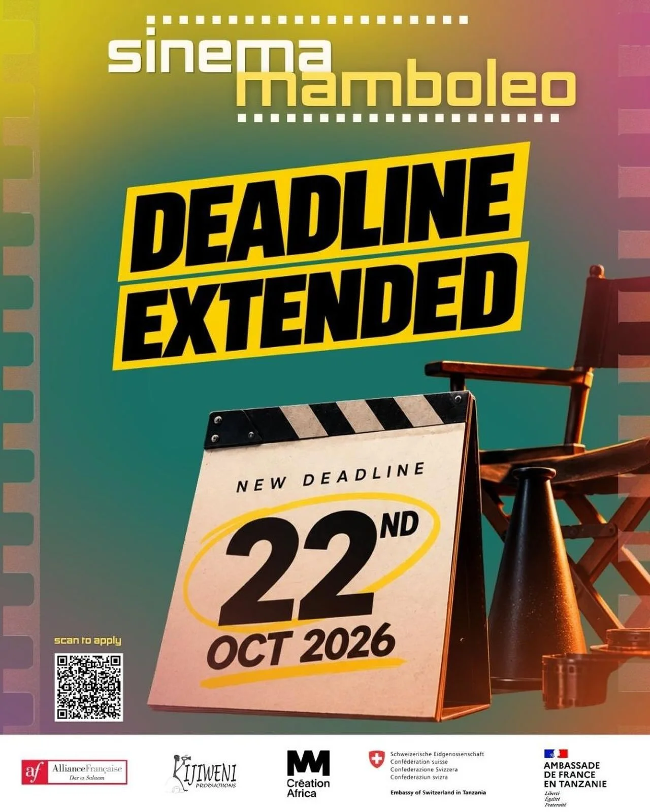 Sinema Mamboleo application deadline has been extended to 22 OCTOBER 2026.

If you&rsquo;re a Tanzanian filmmaker ready to take your career to the next level, this is your chance to develop your story with professional mentorship, post-production sup
