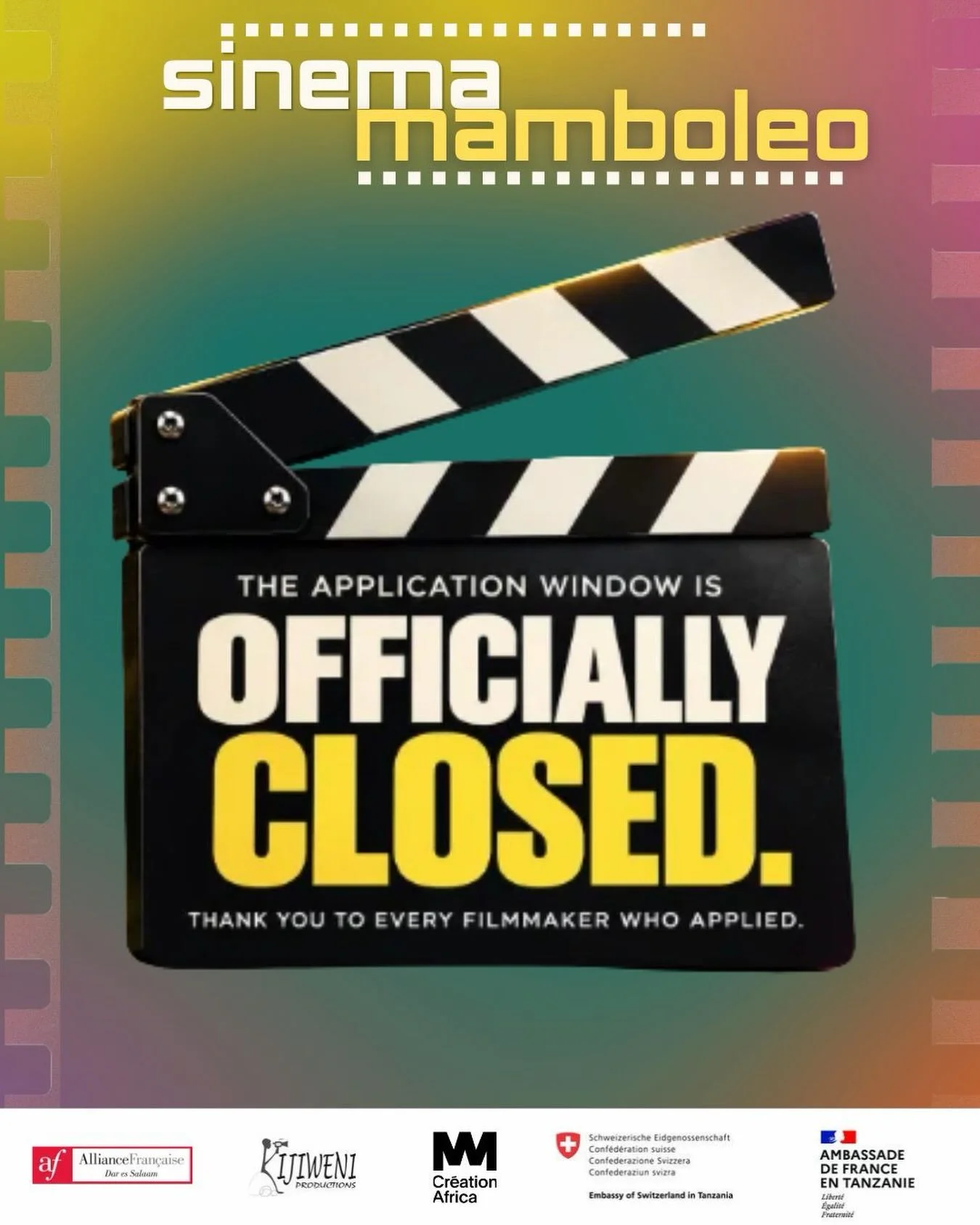 A huge thank you to every filmmaker who submitted their project to Sinema Mamboleo.

We&rsquo;ve received close to 100 applications

Our team will now begin reviewing submissions. Shortlisted applicants will be contacted regarding Round Two in the co