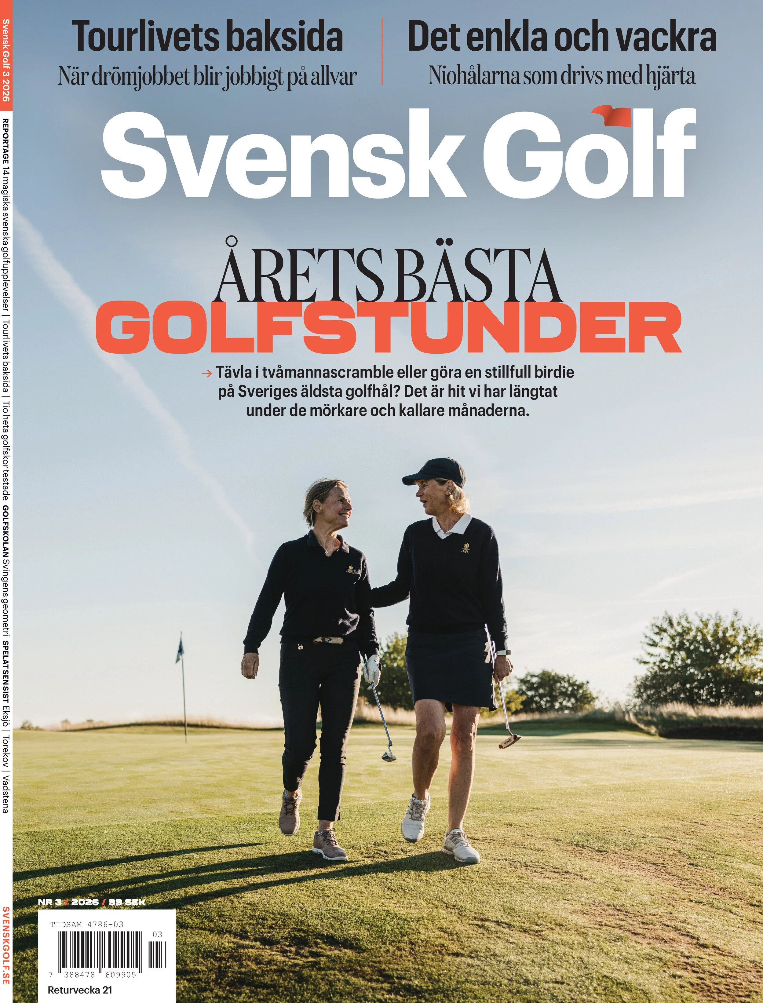 Cover of Svensk Golf - Two women walking on a golf course while smiling and talking, wearing golf attire, with a flag on a pole in the background and a bright, clear sky.