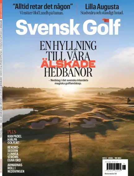 Cover of Svensk Golf magazine featuring a golf course landscape at sunset with text in Swedish about golf and a quote from Lilla Augusta.