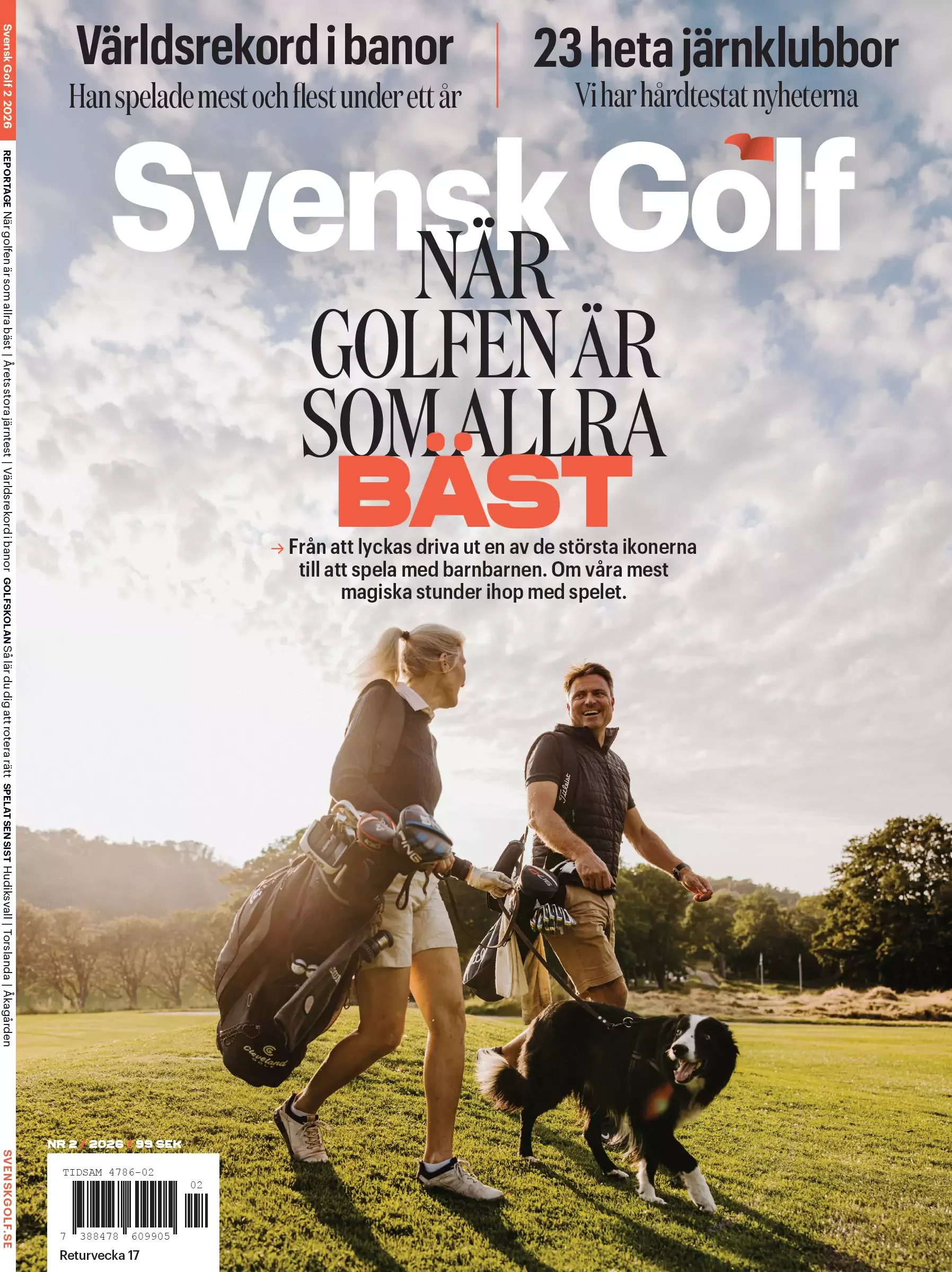 Cover of Svensk Golf - Two men and a woman walking outdoors with a dog, carrying golf clubs, during sunset, in a green field with trees in the background, on a golf magazine cover.