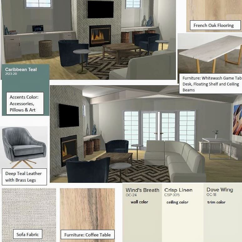 Working on selections for a family room.  Pulling materials, furniture, art, etc. to make it all flow is beyond fun!  Adding it all into a 3D rendering helps the client see what's in my head. 
#familyroommoodboard
#angelaknightdesigns 
#tiledfireplac