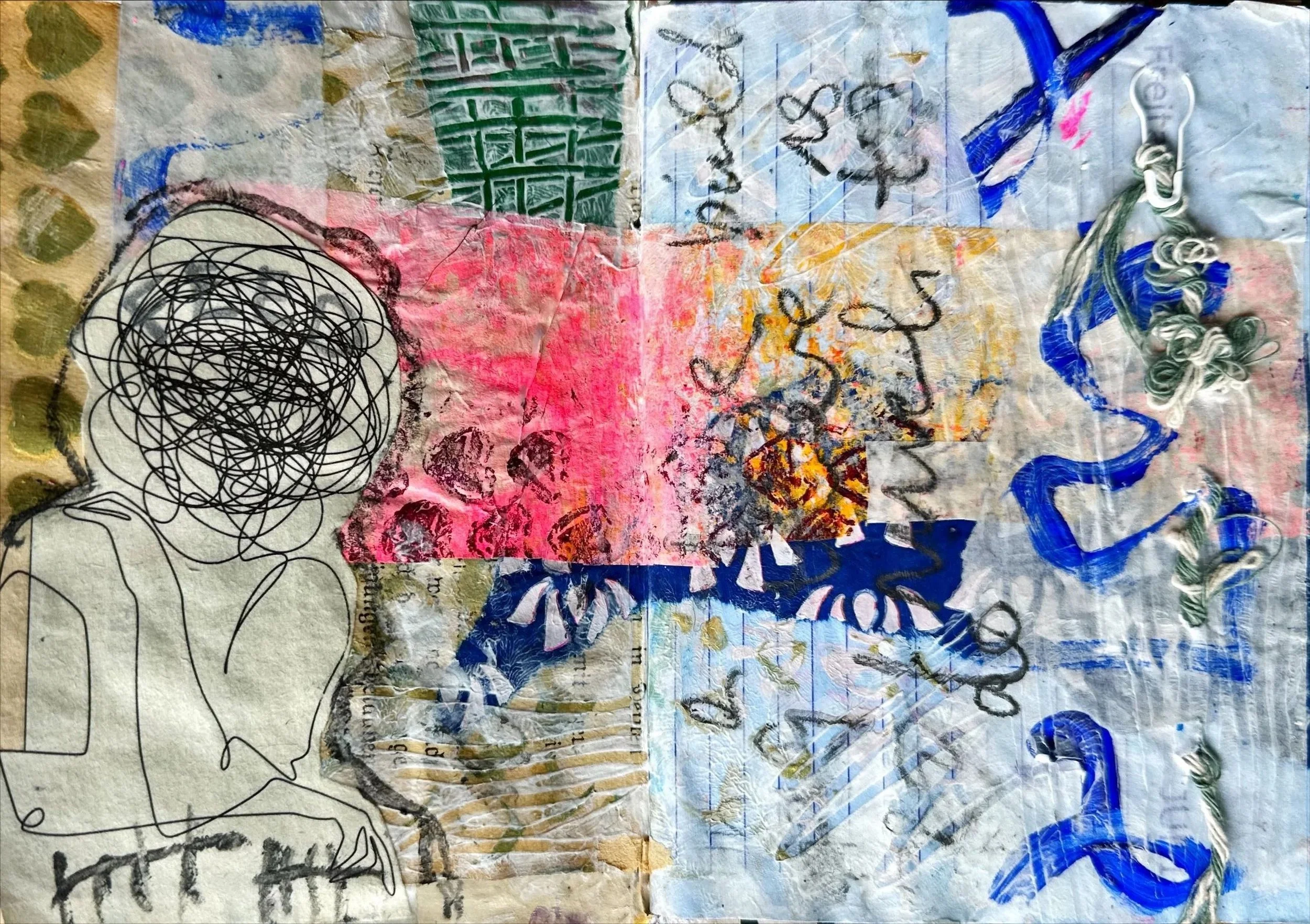 a double page spread in an art journal with colourful layers of paper and a woman with scribbles for a head