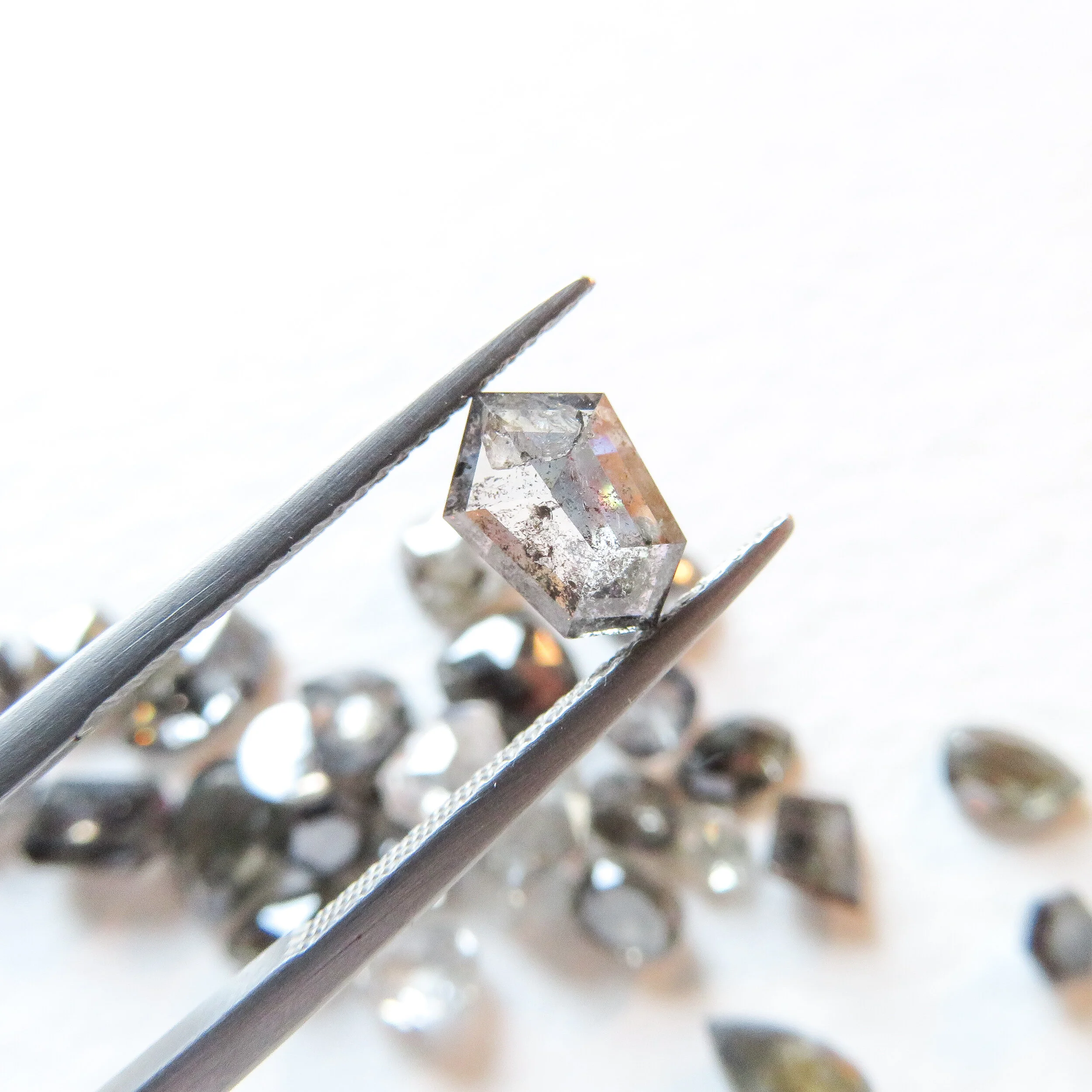 pale salt and pepper rose cut hexagon grey diamond