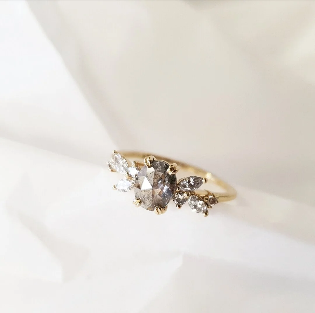 oval rose cut fancy grey diamond engagement ring yellow gold