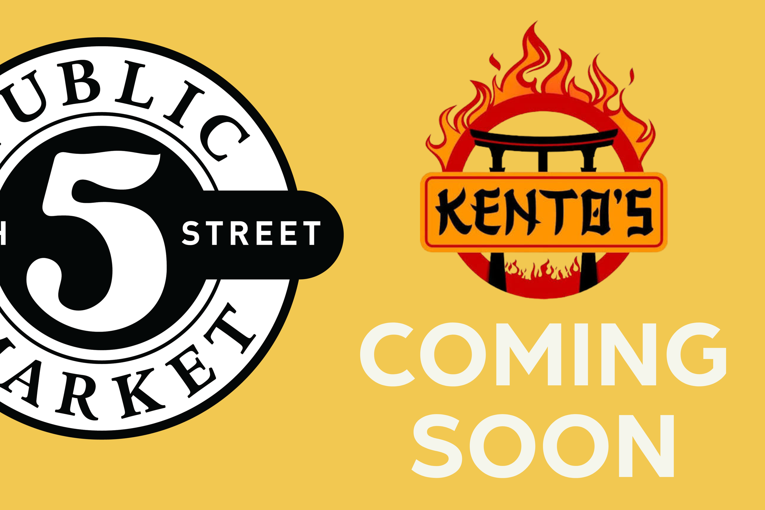 A sign announcing Kento's Hibachi Express coming soon to 5th Street Public Market