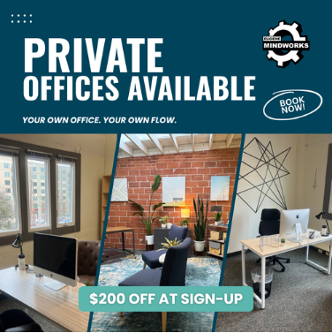 Advertisement for private office spaces with $200 off at sign-up. Features include a modern office with large windows, a cozy meeting area with exposed brick walls and plants, and a clean workspace with desks and computers.