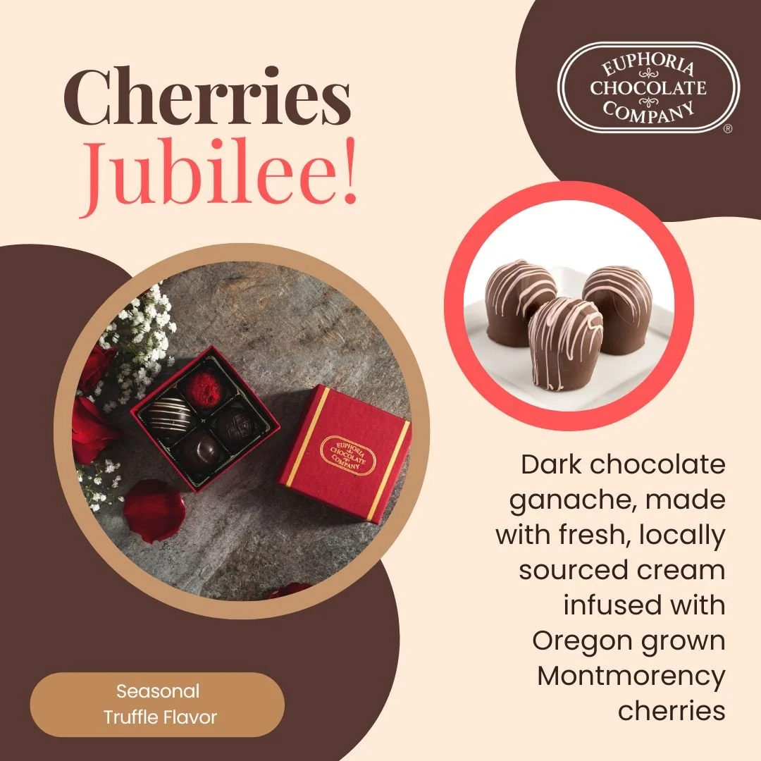 A promotional image for Chocolates Jubilee by Euphoria Chocolate Company. Shows a box of chocolates with a decorative flower and red petals, and a picture of three chocolate-covered confections garnished with white icing. Text mentions dark chocolate ganache made with local cream and Oregon cherries, with a label indicating seasonal truffle flavor.