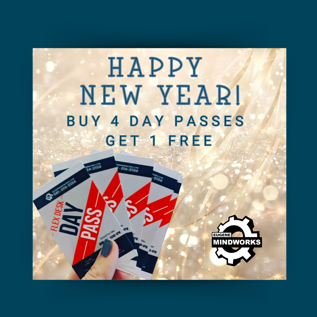 A promotional graphic for Eugene MindWorks featuring a New Year's sale on 4-day passes with a buy 4, get 1 free offer. The background has a glittery, festive design, and the foreground shows a hand holding four tickets labeled "Flex Day Pass." The Eugene MindWorks logo with a gear icon is in the bottom right corner.