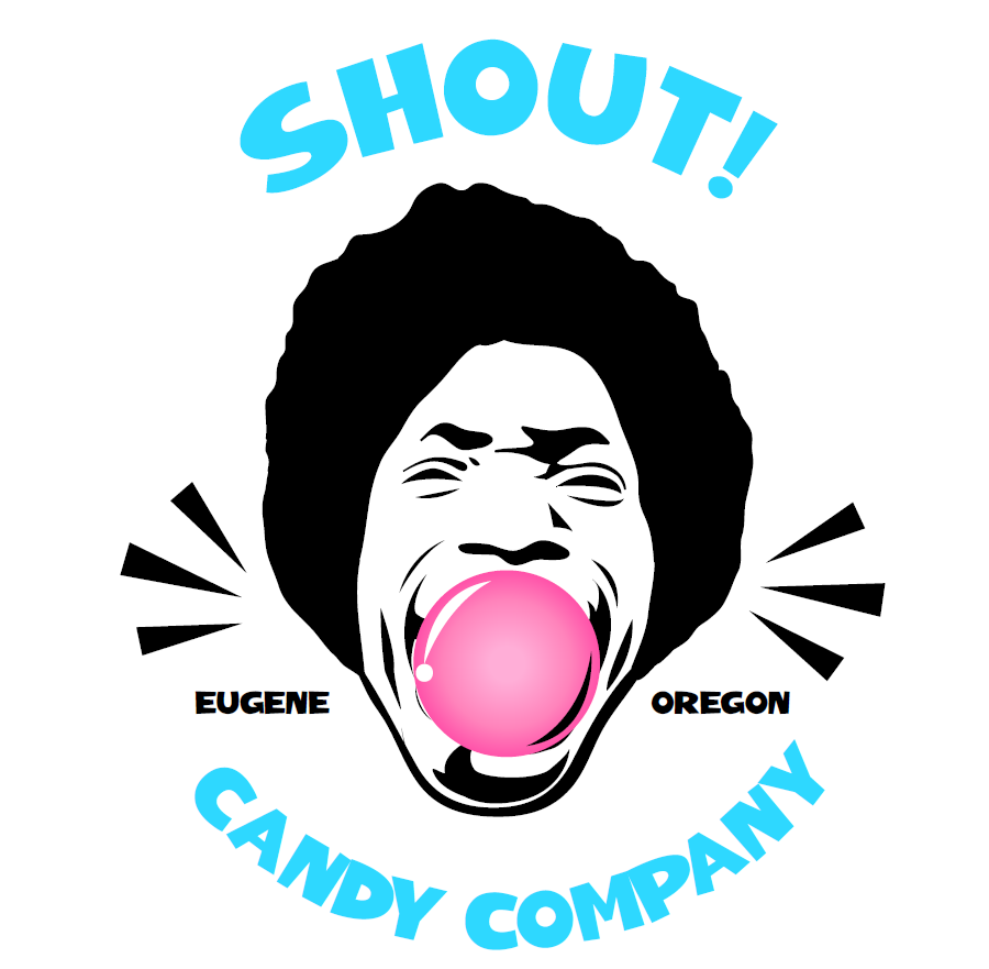 Logo for SHOUT! Candy Company located in the 5th Street Public Market in Eugene, Oregon.