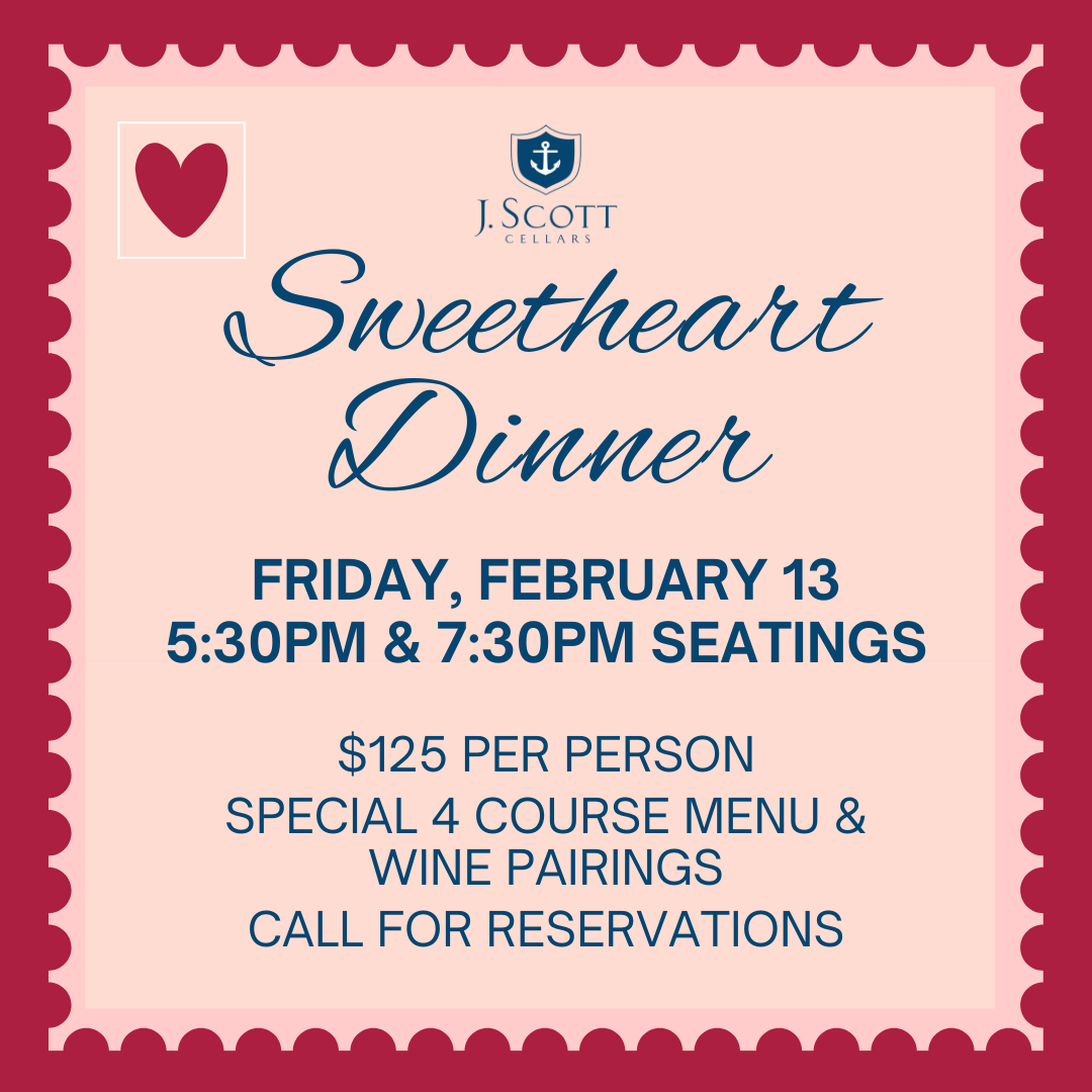 A pink and red stylized invitation for a Valentine's Day sweetheart dinner at J. Scott Cellars on February 13 with seating at 5:30 PM and 7:30 PM, featuring a red heart, wine pairing, and reservation details.