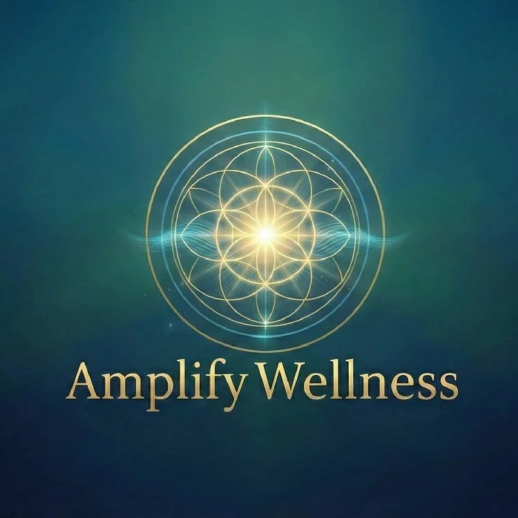 A glowing geometric design with interconnected circles and lines, emitting light, with the text 'Amplify Wellness' underneath.