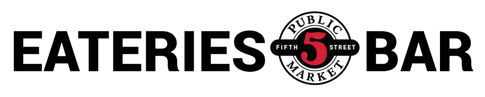 Logo for the Fifth Street Public Market Eateries & Bar with red numeral 5 and black and white circular text.