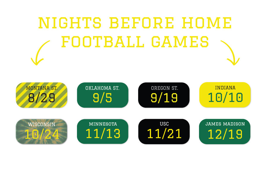 A digital graphic displaying the days that the 5th Street Public Market puts on a pep rally to cheer on the Oregon Ducks football team the night before every home game.