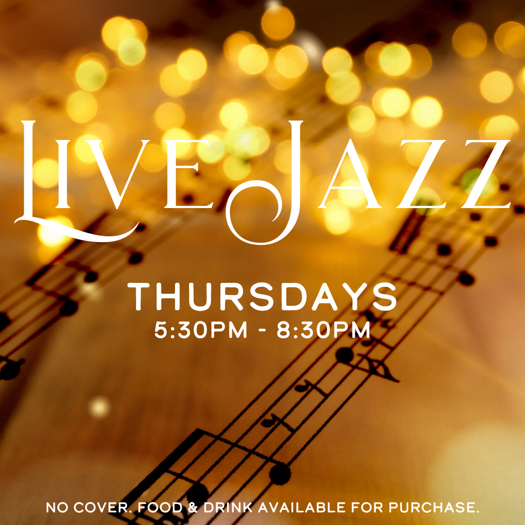 Event poster with blurred golden fairy lights background, featuring white text promoting 'Live Jazz' on Thursdays from 5:30 PM to 8:30 PM, with a background of musical notes.