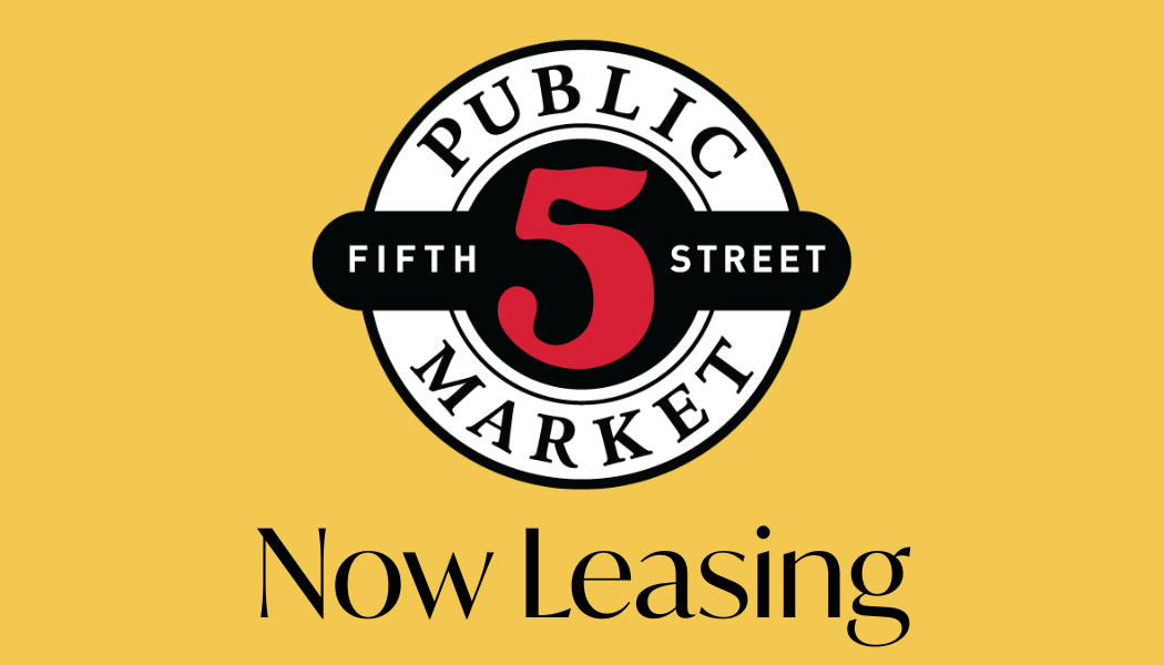 Logo for the 5th Street Public Market reading "Now Leasing" advertising the empty restaurant space that they are now looking to fill