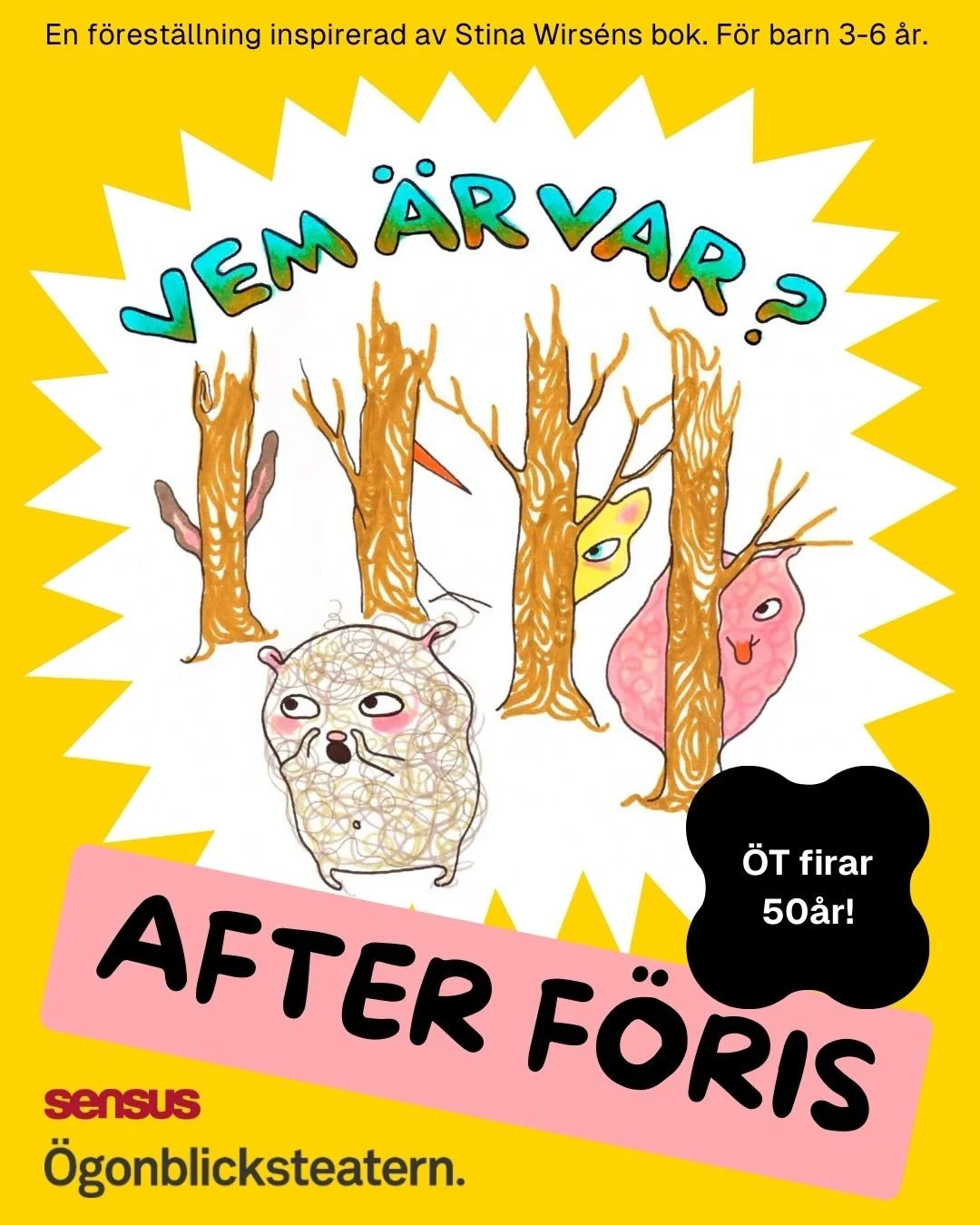 BEGR&Auml;NSAT ANTAL BILJETTER UTE NU

🌼Vem &auml;r var?/Rita med Stina🌼

&Ouml;gonblicksteatern har fyllt 50 &aring;r och vi vill fira! Det blir en eftermiddag med f&ouml;rest&auml;llningen Vem &auml;r var? utifr&aring;n Stina Wirs&eacute;ns bok m