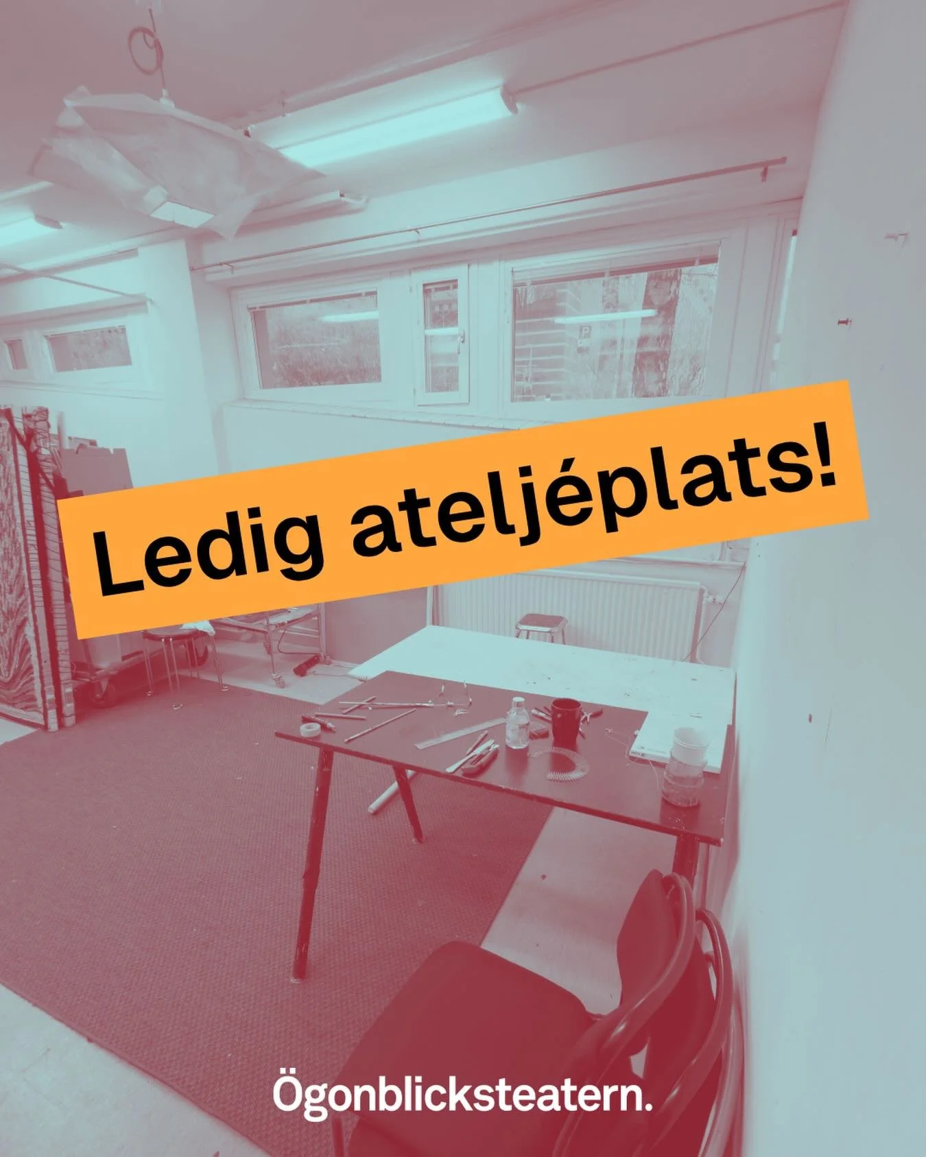 Konstn&auml;r i behov av atelj&eacute;? Se hit! 

Atelj&eacute;plats tillg&auml;nglig p&aring; &Ouml;gonblicksteatern! 
Ca 10kvm 
1500kr/m&aring;naden
Tillg&aring;ng till fullutrustat k&ouml;k, tv&auml;ttmaskin och wifi

Intresserad? Skicka dm eller 