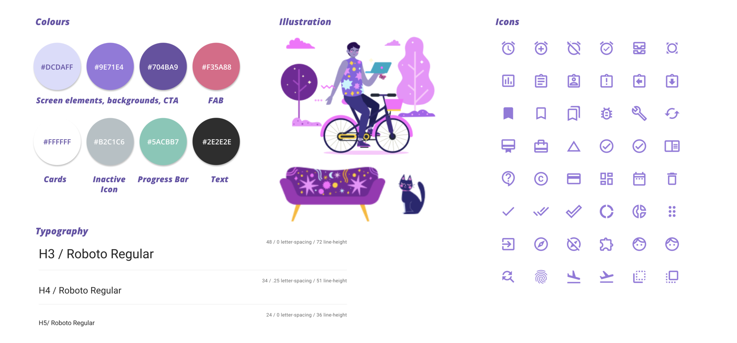 Created a vibrant colour palette that is also optimised for longer screen usage. This includes less saturated colours, illustrations that are in vogue, material design cards and icons and typography.