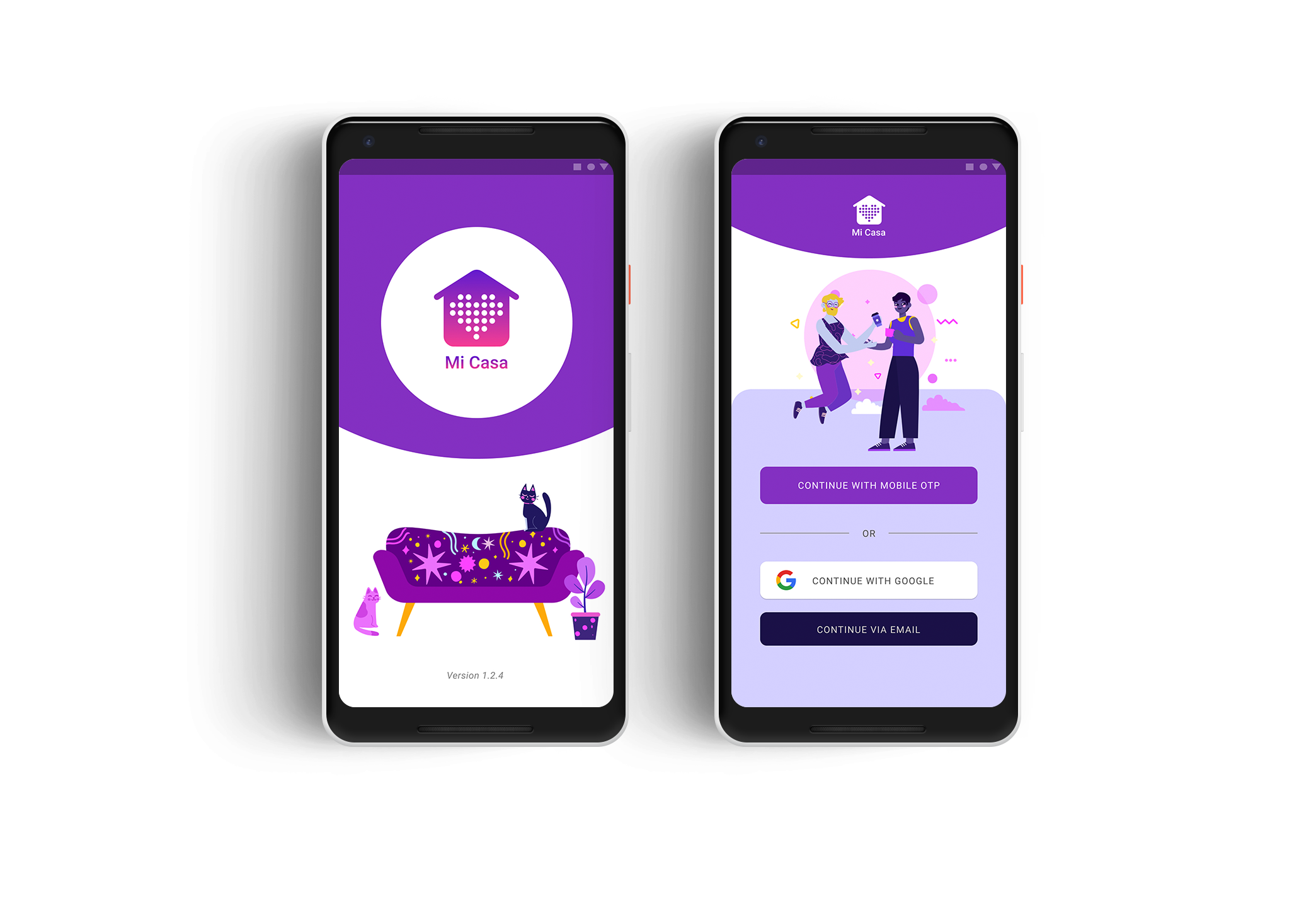 The loading and signup screens contain options to quickly register via mobile number OTP, email, social login or email.