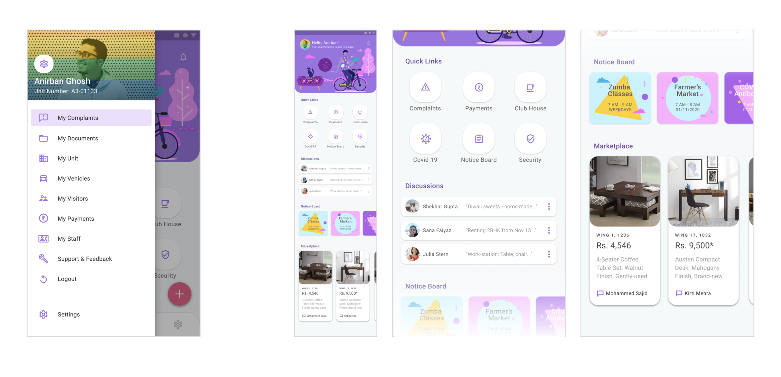 My Profile Overlay slides in from the left once the Profile IC is tapped - contains all relevant shortcuts linked to the user’s activity. The Home Page has a long scroll with Quick Links, Discussions, Notice Board, Ads put up by other residents (Buy/Sell) and more.