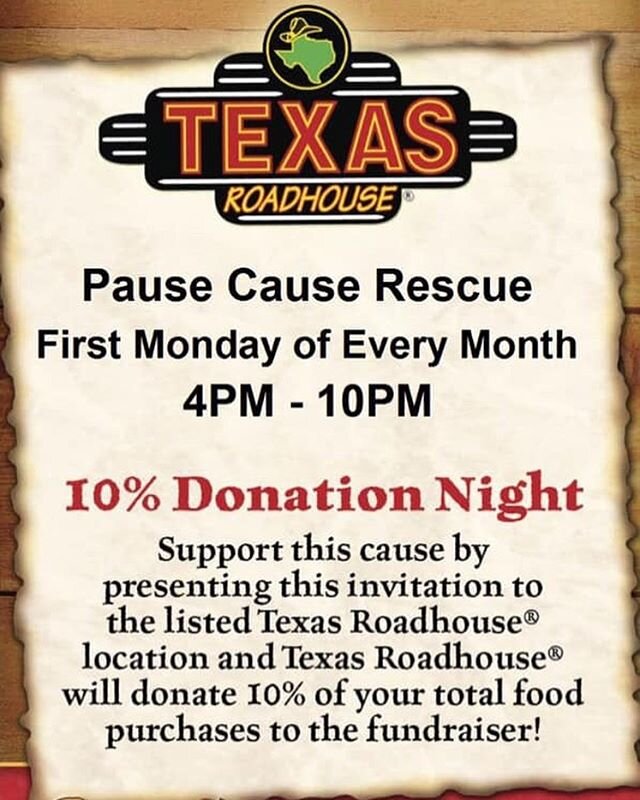 Tomorrow the Paws Cause Rescue is having a fundraiser at Texas Roadhouse!! Come out and have some great food for a great cause! Be sure to let the server know you&rsquo;re there for the fundraiser! Also stop by our table to be entered into a raffle t