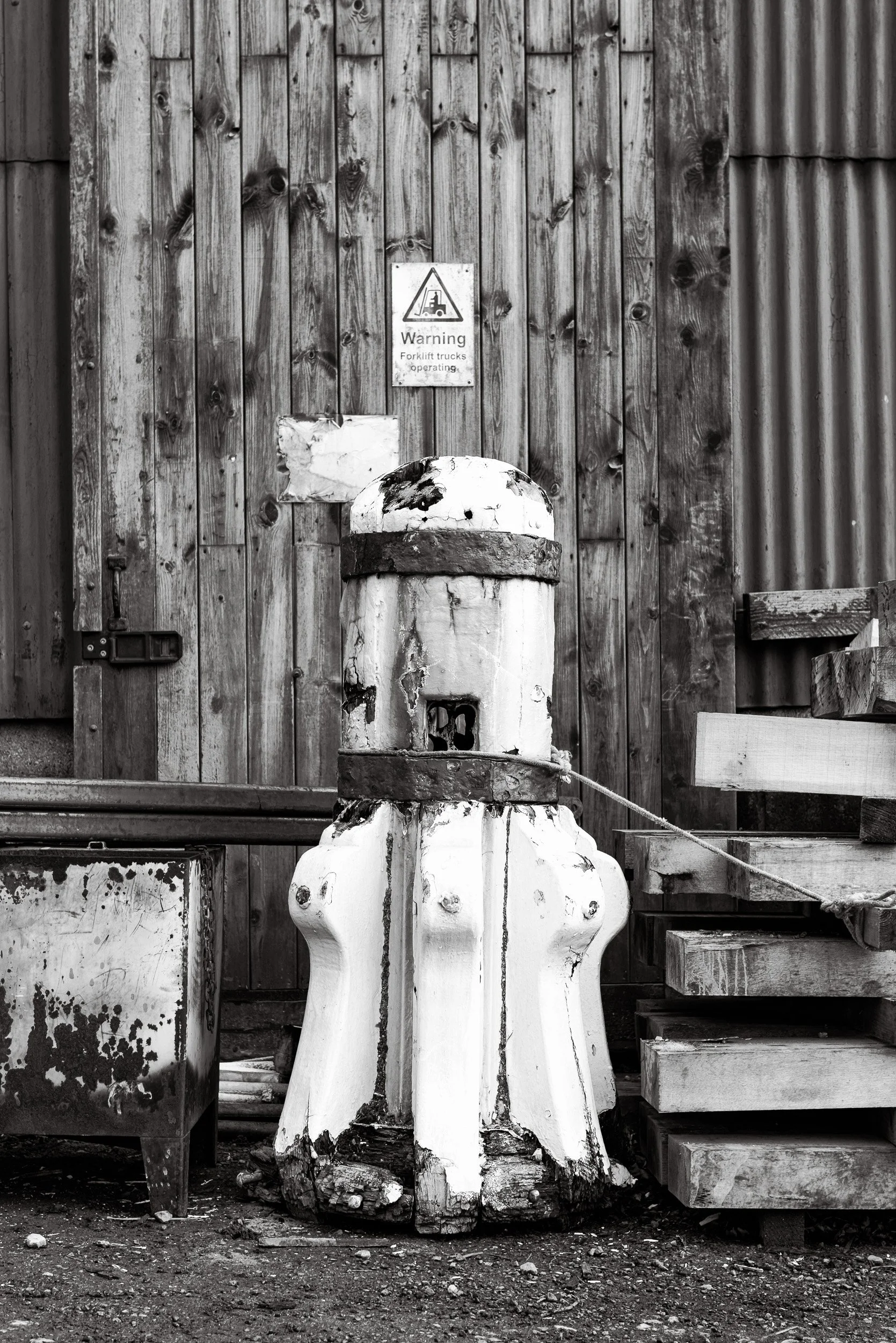 Weathered capstan in the yard being studied to copy as part of the capstan restoration Whitby Harbour by J Hallam Joinery.