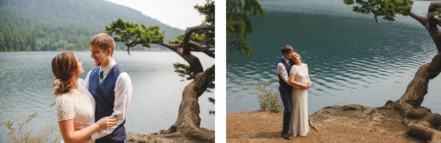  bridal portraits at Moran State Park  overlooking water with twisted trees 