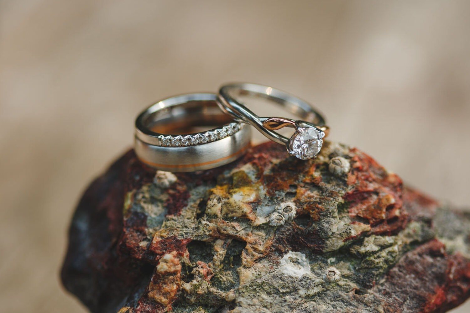  wedding rings perched on a rock 