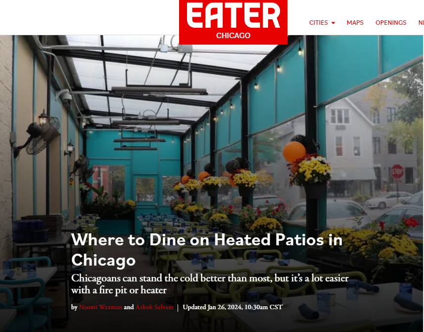 Covered Chicago restaurant patio with colorful flowers, outdoor tables, and heaters