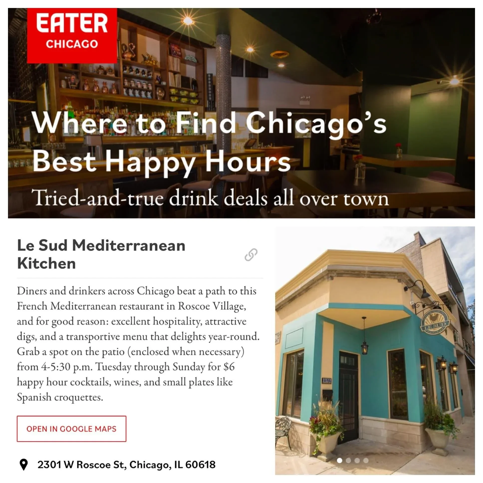 Eater Chicago page featuring a bar interior and Le Sud Mediterranean Kitchen in Chicago's best happy hours guide