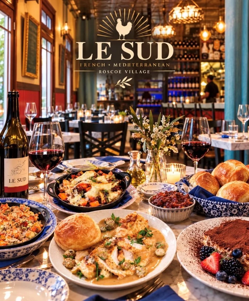 Le Sud Thanksgiving turkey dinner with French red wine in the Roscoe Village dining room