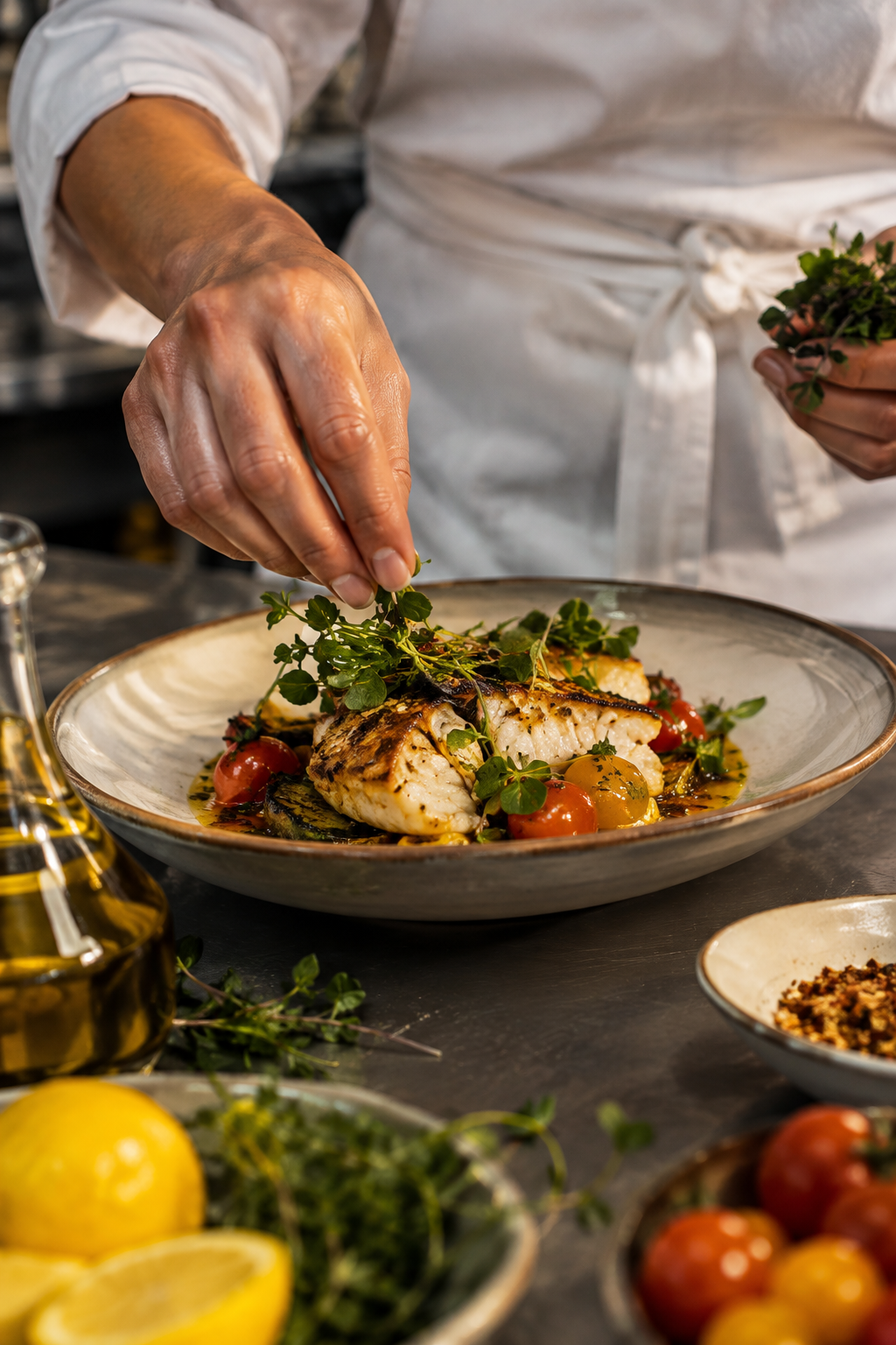 Chef garnishing grilled fish with fresh herbs, tomatoes, and sauce on a ceramic plate